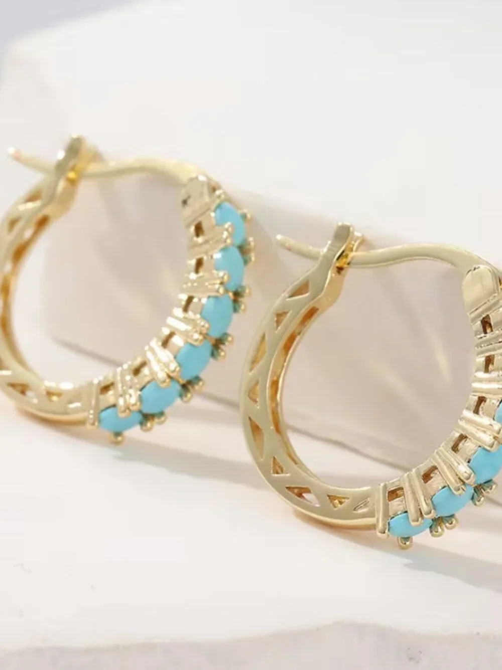 14K Gold Womens 2ct Blue Turquoise Small Hoop Earrings New 14 K Silver Jewelry